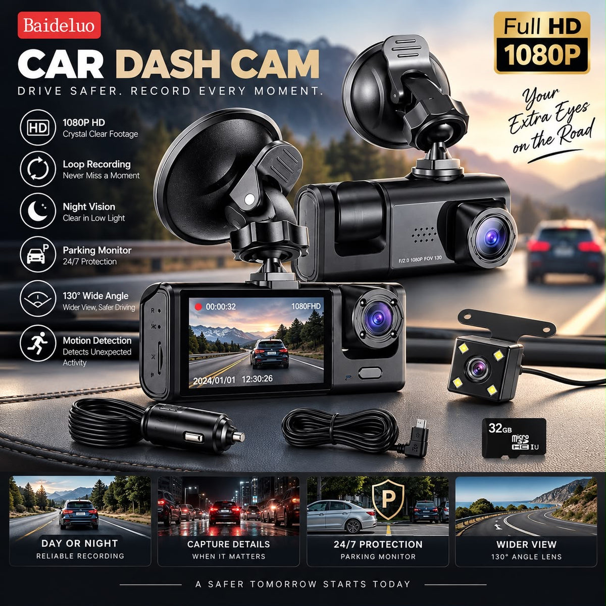 The Tiger 1080P Dual 3 Camera Dash Cam